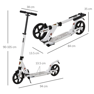 HOMCOM Folding Kick Scooter, Adjustable Ride On Scooter with 200mm Big Wheels and Double Shock Absorption, Urban Scooter for 14+ Teens Adult- White 