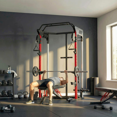 SPORTNOW Power Cage, Power Rack with Adjustable Cable Pulley System, Pull-Up Bar, Dip Station, Landmine 
