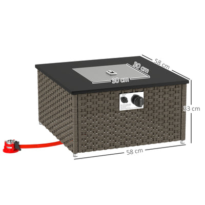 Outsunny Rattan Gas Fire Pit Table for Garden, 13 KW Smokeless Propane Fire Pit with Lid, Square Garden Coffee Table with Patio Heater for Outdoor, Patio, 58 x 58 x 33 cm, Grey 