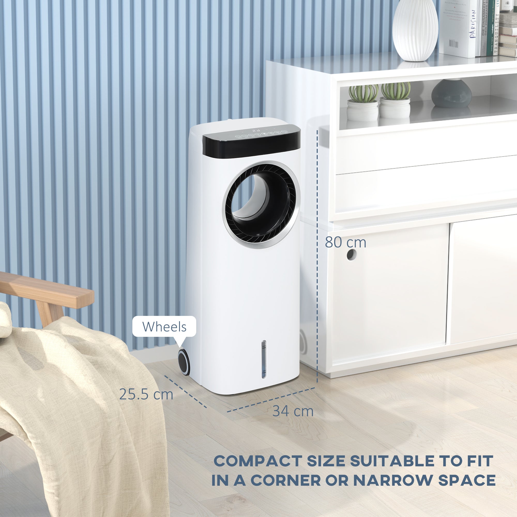 HOMCOM Evaporative Air Cooler, 6.5L 4-in-1 Bladeless Portable Cooler, Fan, Humidifier, Air Clean with Oscillation, 3 Speeds, 24H Timer, Sleep Mode, 2 Ice Packs, Wheels, Remote, for Home Office 