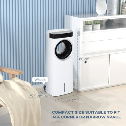 HOMCOM Evaporative Air Cooler, 6.5L 4-in-1 Bladeless Portable Cooler, Fan, Humidifier, Air Clean with Oscillation, 3 Speeds, 24H Timer, Sleep Mode, 2 Ice Packs, Wheels, Remote, for Home Office 