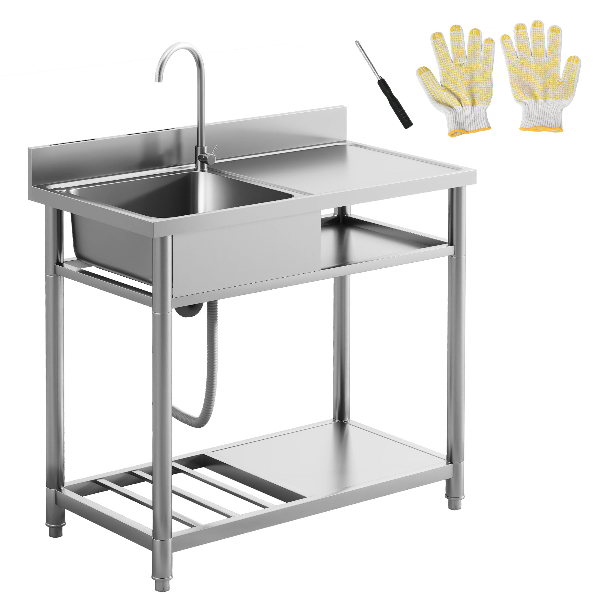 HOMCOM Outdoor Stainless Steel Kitchen Sink, Freestanding Sink Single Bowl with Cold and Hot Water Pipe and Storage Shelves 