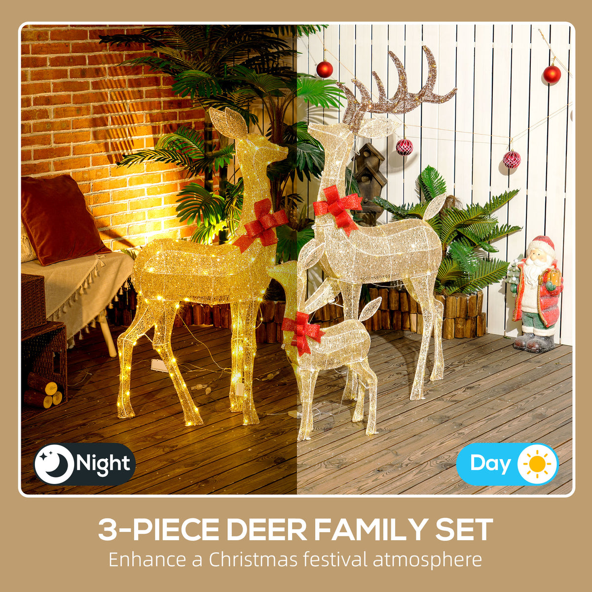 Outsunny Lighted Reindeer Christmas Decorations Outdoor, 3-Piece Light Up Deer Family Set of 3 with 283 LED Lights for Indoor, Lawn, Garden, Gold Tone 