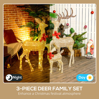 Outsunny Lighted Reindeer Christmas Decorations Outdoor, 3-Piece Light Up Deer Family Set of 3 with 283 LED Lights for Indoor, Lawn, Garden, Gold Tone 