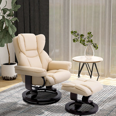 HOMCOM Faux Leather Recliner Chair and Footstool, Swivel Upholstered Armchair and Footstool with Adjustable Backrest, Solid Wood Base for Living Room, Cream 