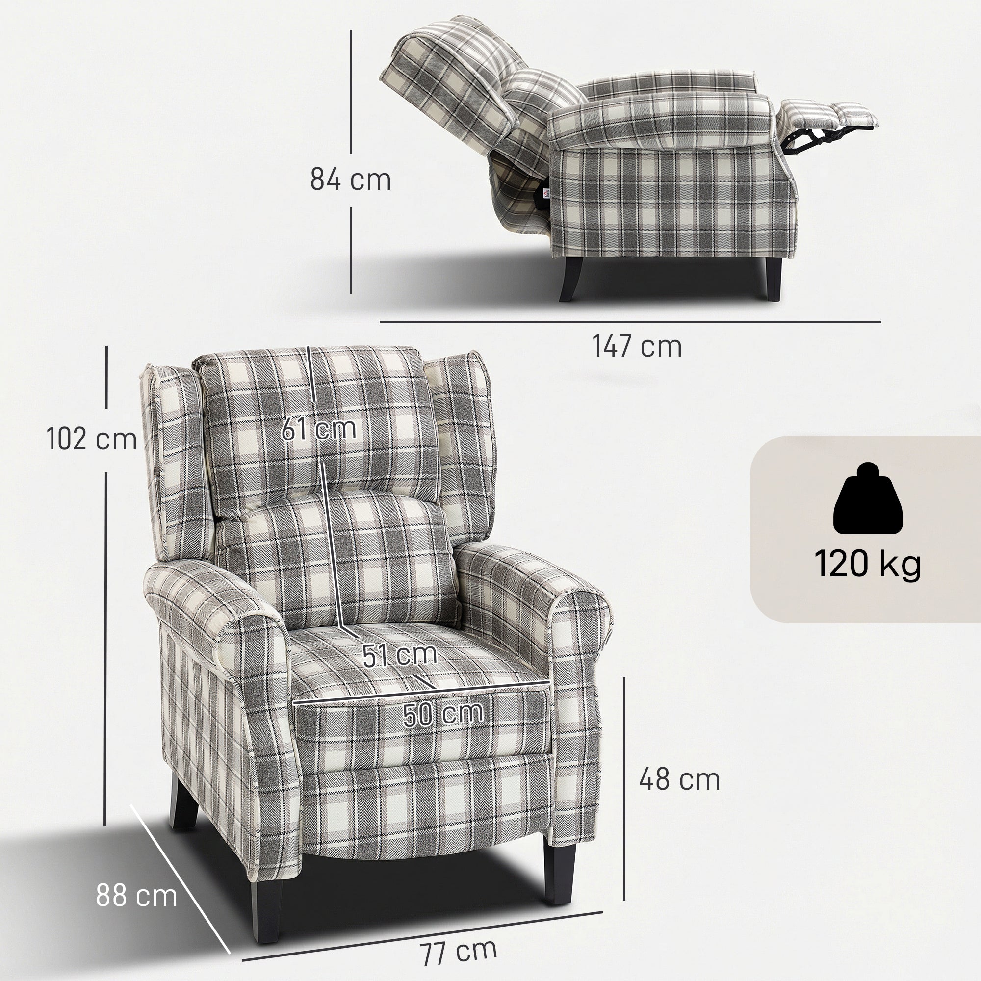 HOMCOM 160° Reclining Armchair, with Footrest - Grey and White 