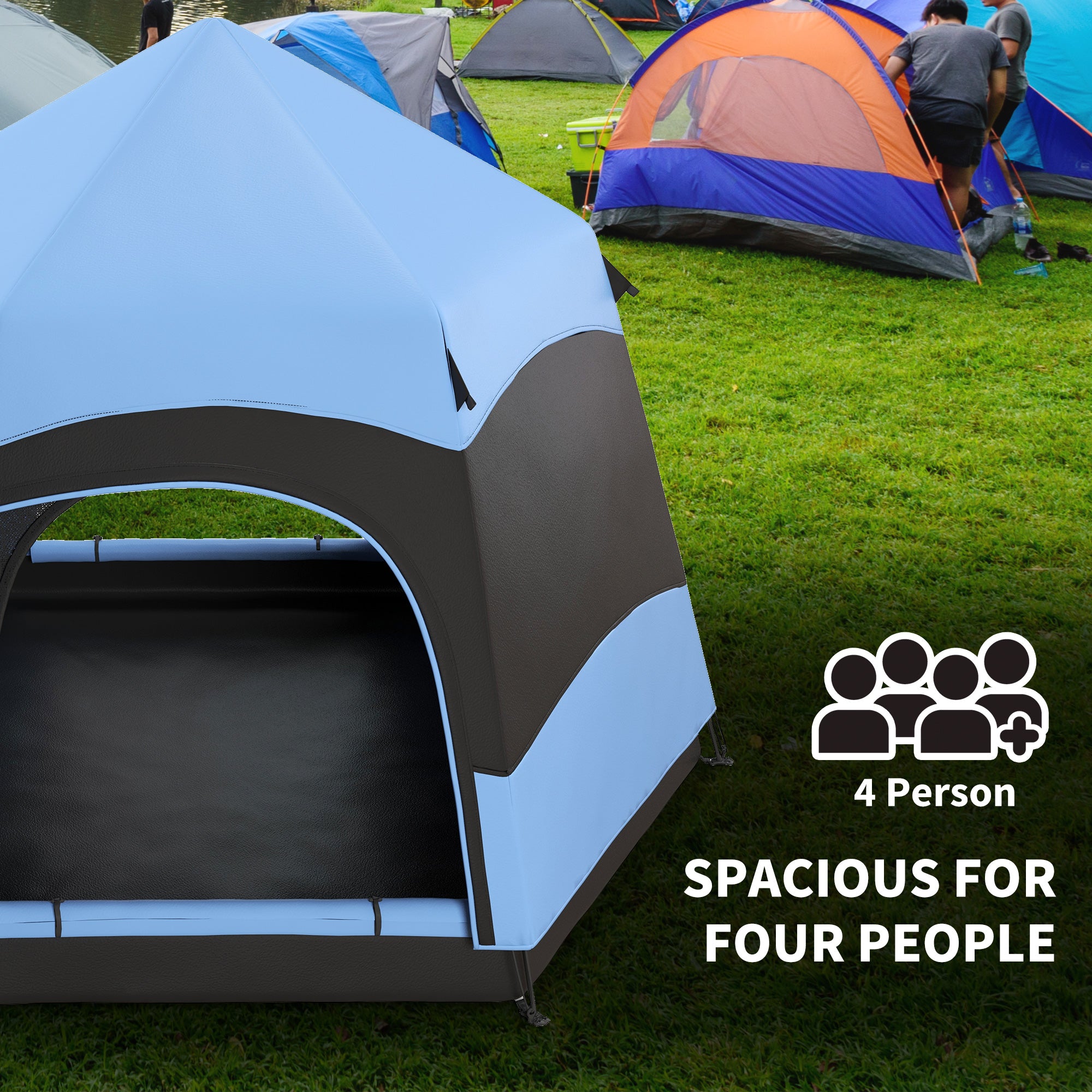 Outsunny Double Layer Dome Tent with Rainfly and Welded Floor, 4 Man Hexagon Pop Up Tent, Portable Camping Shelter with Hang Hook and Carry Bag, for Festival Hiking Family, Blue and Black