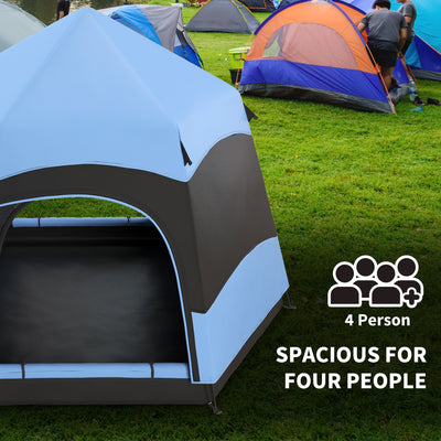 Outsunny Double Layer Dome Tent with Rainfly and Welded Floor, 4 Man Hexagon Pop Up Tent, Portable Camping Shelter with Hang Hook and Carry Bag, for Festival Hiking Family, Blue and Black 
