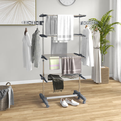 HOMCOM Four-Shelf Collapsing Clothes Horse, With Side Arms and Wheels - Grey 