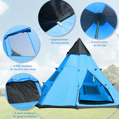 Outsunny 6 Men Tipi Tent, Camping Tent, Teepee Family Tent with Mesh Windows, Sewn-in Tent Floor, Two Doors and Carry Bag, Easy Set Up, for Hiking Picnics Outdoor Night, Blue 