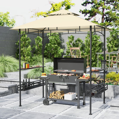 Outsunny 8' x 5' Grill Gazebo Canopy, Double Tiered Outdoor BBQ Gazebo Shelter with 2 Side Shelves, Storage Baskets, Hook for Garden, Patio, Barbecue, Picnic, Beige 