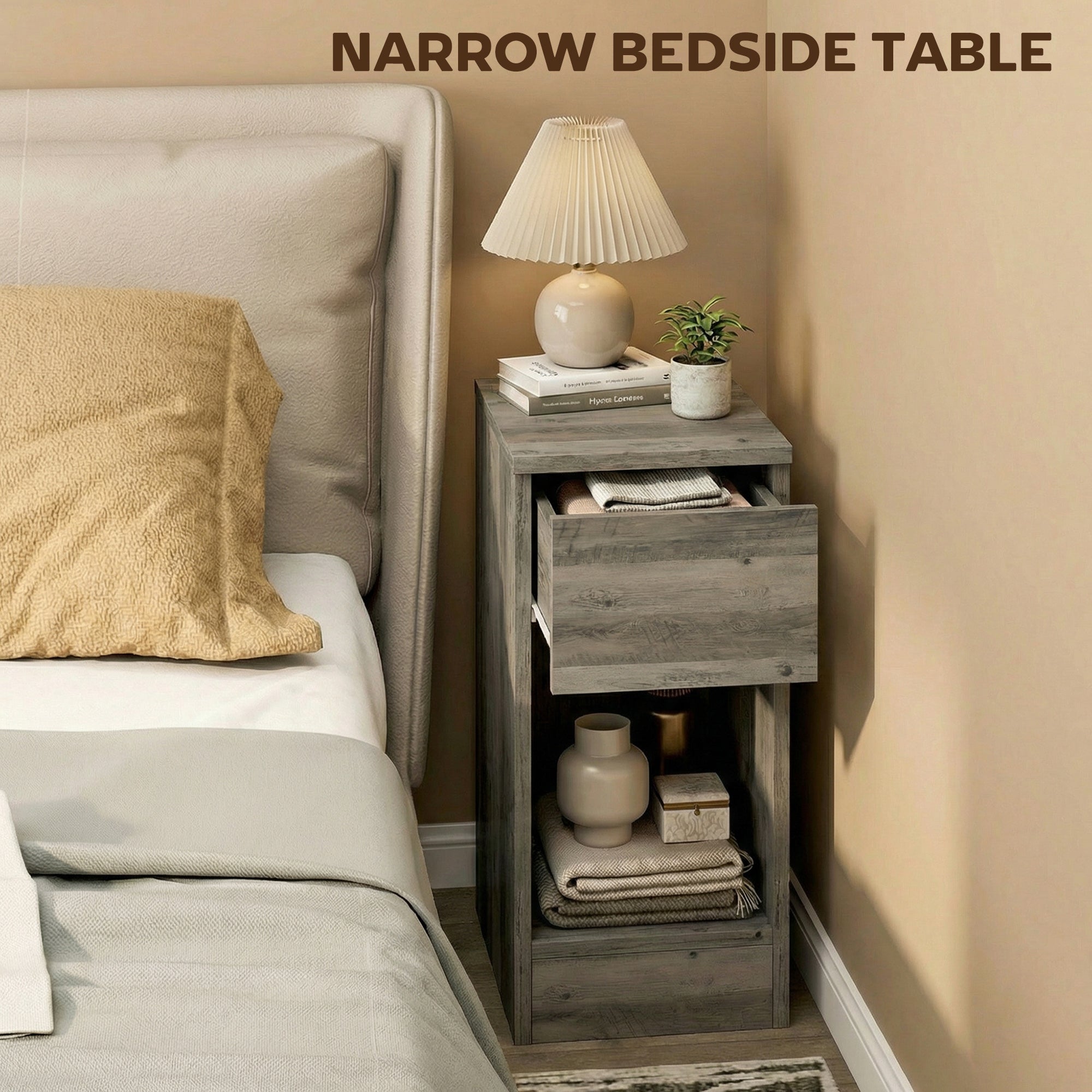 HOMCOM Set of Two Modern Storage Bedside Tables - Grey 