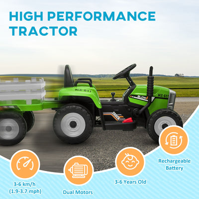 HOMCOM Ride On Tractor, Battery Powered Electric Car, with Detachable Trailer, Remote Control, Music - Green 