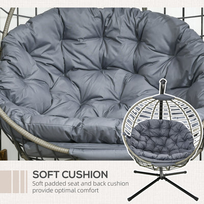 Outsunny PE Rattan Swing Chair, Outdoor Hanging Chair with Metal Stand, Thick Padded Cushion, Foldable Basket and Cup Holder, for Indoor and Outdoor, Grey 