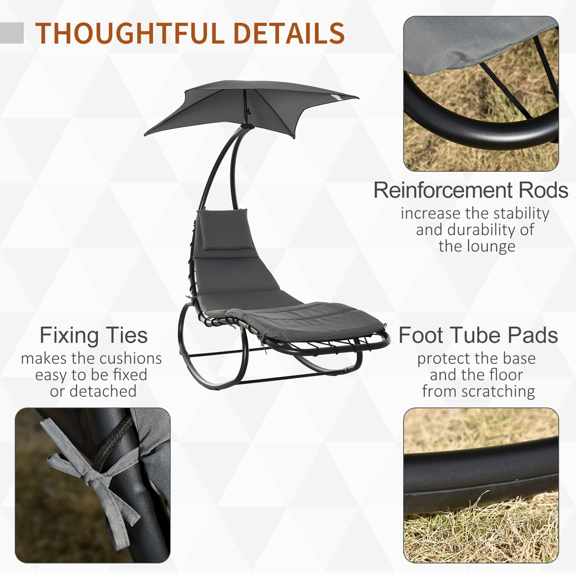 Outsunny Patio Rocking Chaise Lounge Rocking Bed with Canopy Cushion Headrest Pillow 