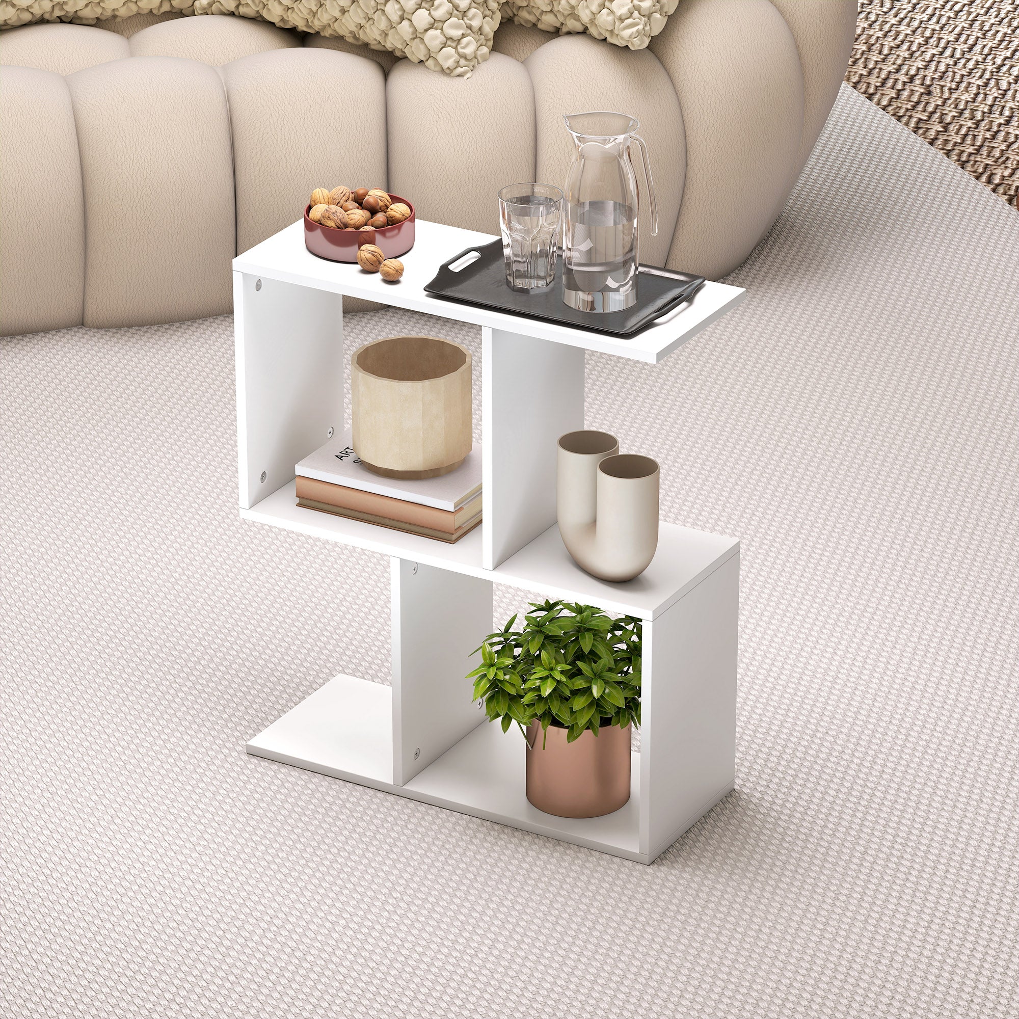 HOMCOM Side Table, Narrow End Table with Storage Shelves, S-Shaped, 3-Tier, 50W x 19.5D x 58H cm, White 