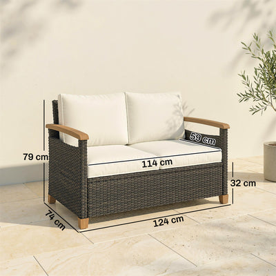 Outsunny 2 Seater Rattan Garden Sofa, Outdoor Sofa with Thickened Cushions and Acacia Wood Armrests, Brown