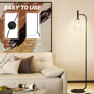 HOMCOM Floor Lamp for Living Room with Glass Lampshade, Modern Standing Lamp with Foot Switch for Bedroom, Bulb not Included, Black 
