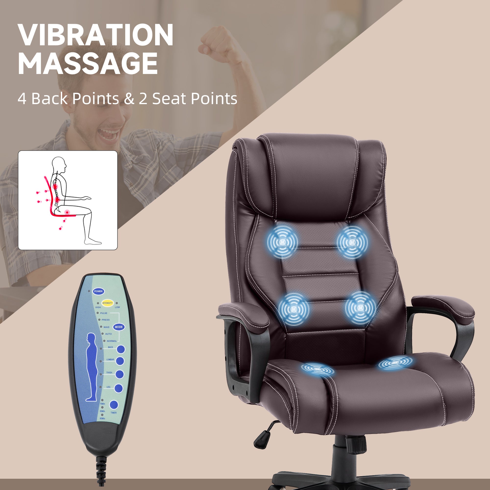 Vinsetto High Back Executive Office Chair 6- Point Vibration Massage Extra Padded Swivel Ergonomic Tilt Desk Seat, Brown 