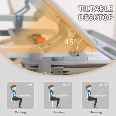 HOMCOM Kids Desk and Chair Set, Student Adjustable Writing Desk, with Drawer, Pen Slot, Hook - Grey 