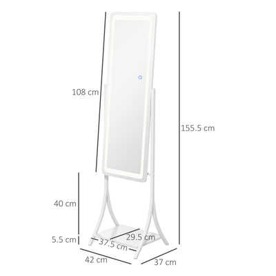 HOMCOM Free Standing Dressing Mirror with LED Lights, Full Length Mirror with 3 Temperature Colours and Storage Shelf 