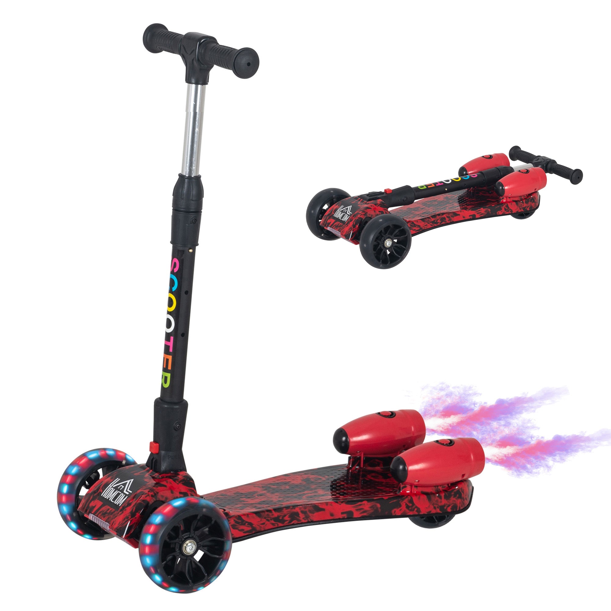 HOMCOM Kids Scooter, 3 Wheel Foldable Kick Scooter Adjustable Height w/ Flashing Wheels, Music, Water Spray for 3-6 Years, Red 
