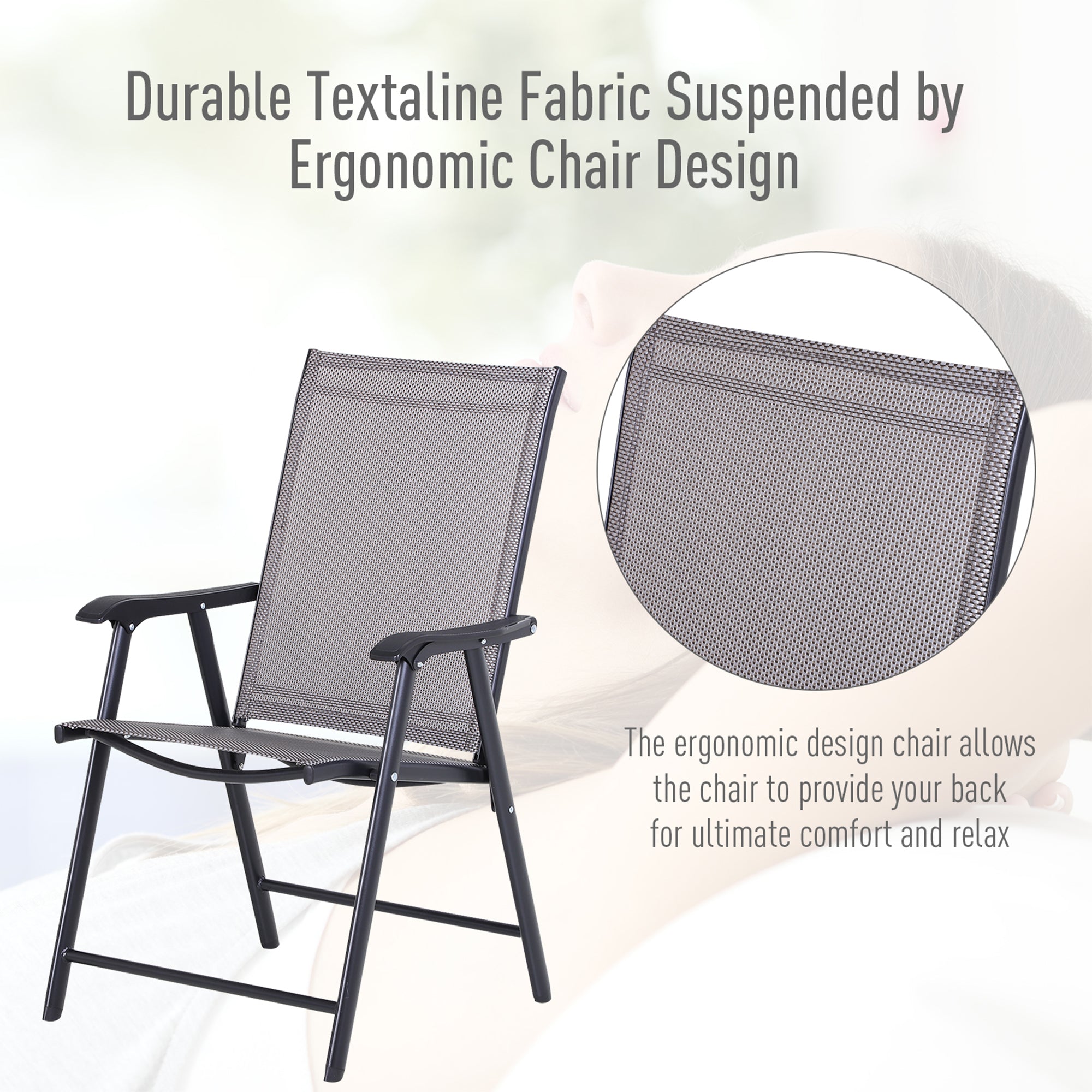 Outsunny Set of 2 Folding Garden Chairs, Metal Frame Garden Chairs Outdoor Patio Park Dining Seat with Breathable Mesh Seat, Grey 