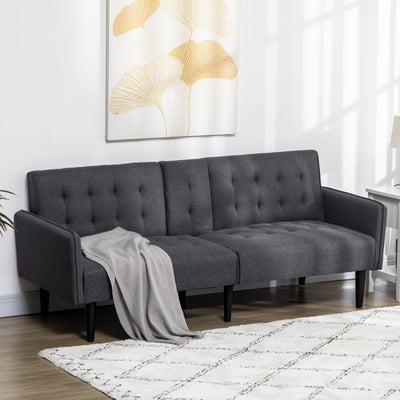 HOMCOM Upholstered Click Clack Sofa Bed, Linen-Feel 3 Seater Sofa Bed with Storage and Cupholders, Grey 