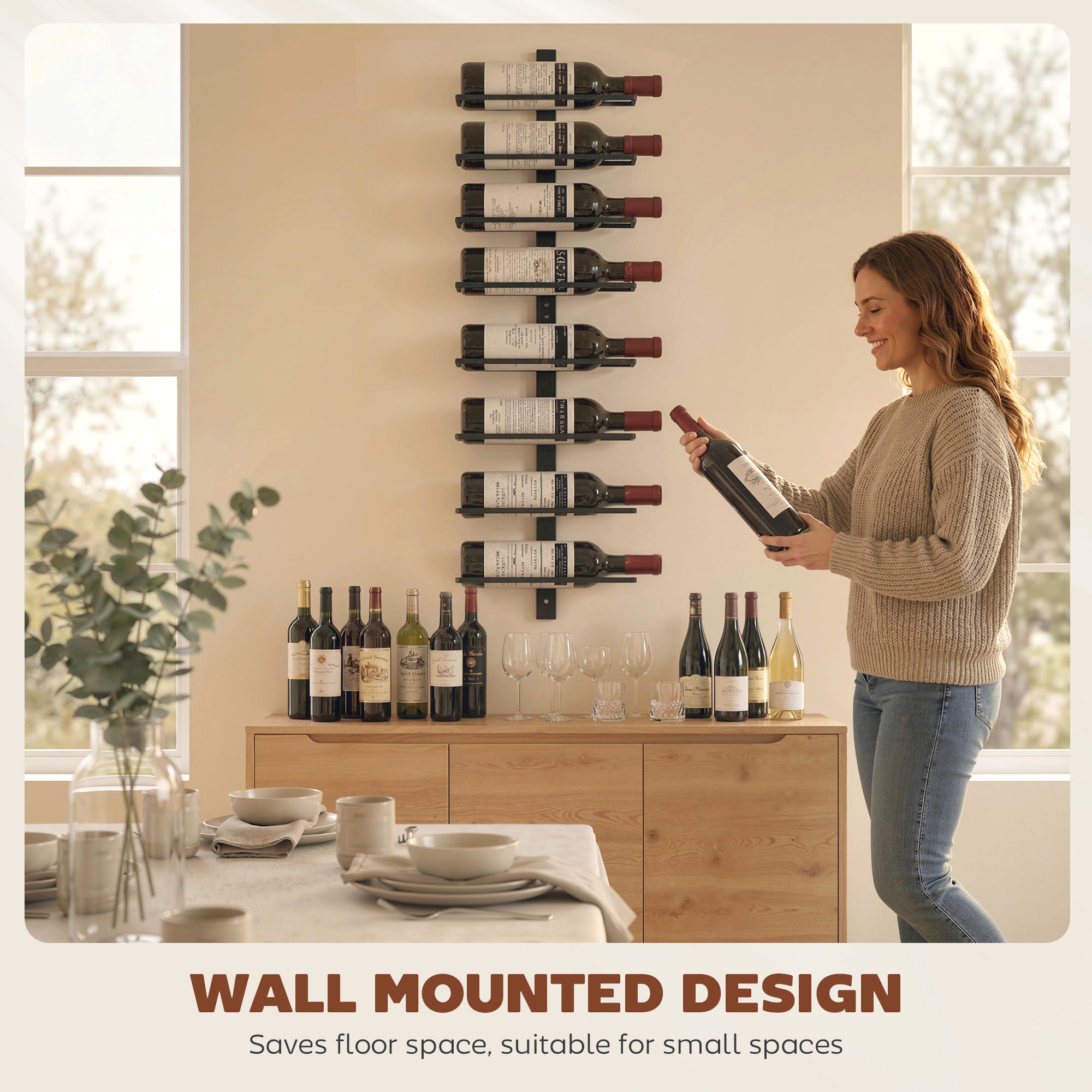 HOMCOM Wall Mounted Wine Rack, 8 Tier Metal Wine Display Rack, Storage Holder for Kitchen, Black 