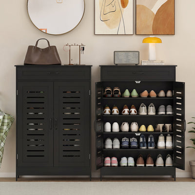 HOMCOM Shoe Cabinet with Louvered Doors, Modern Shoe Storage Cabinet with Drawer and Adjustable Shelves, Black 