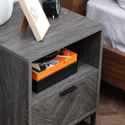 HOMCOM Bedside Table with Drawer and Shelf, Side End Table with Steel Legs for Living Room, Bedroom, Set of 2, Dark Grey 
