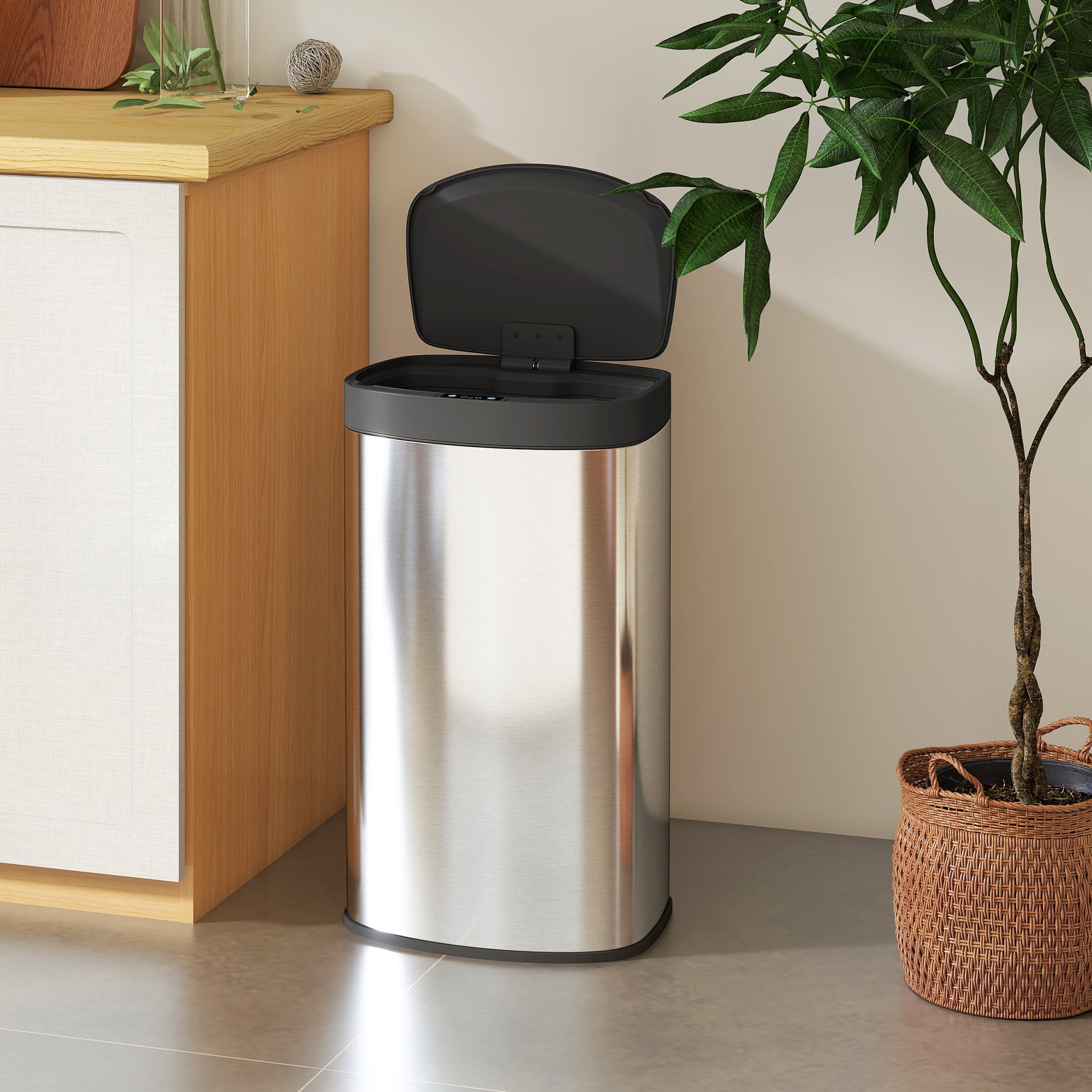HOMCOM 55L Sensor Bin with Soft-Close Lid, Automatic Touchless Motion Sensor Kitchen Bin with Fingerprint Resistant Stainless Steel for Hygienic Gyms, Home Office Use, Silver Tone 