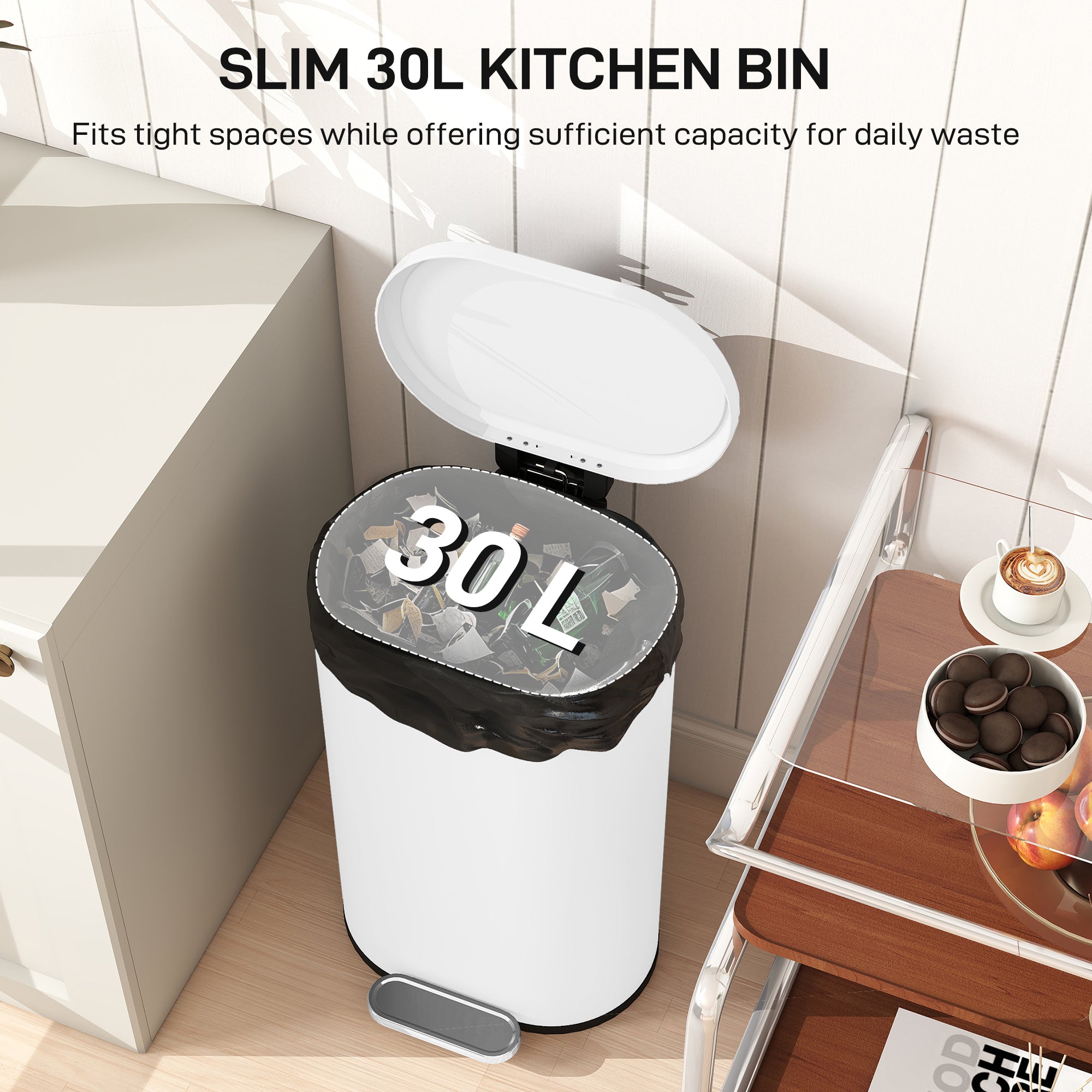 HOMCOM 30 L Modern Curved Kitchen Bin - White 