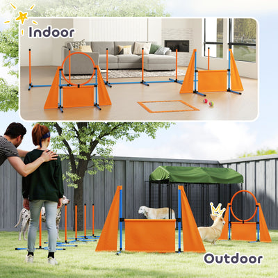 PawHut 6 Pieces Dog Agility Equipment Set with Weave Poles, Jump Ring and Hurdle, Pause Box and Carry Bag, Orange 