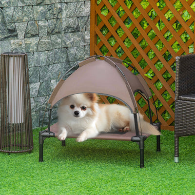 PawHut Raised Dog Bed Waterproof Elevated Pet Cot with Breathable Mesh UV Protection Canopy Coffee, for Small Dogs, 61 x 46 x 62cm 
