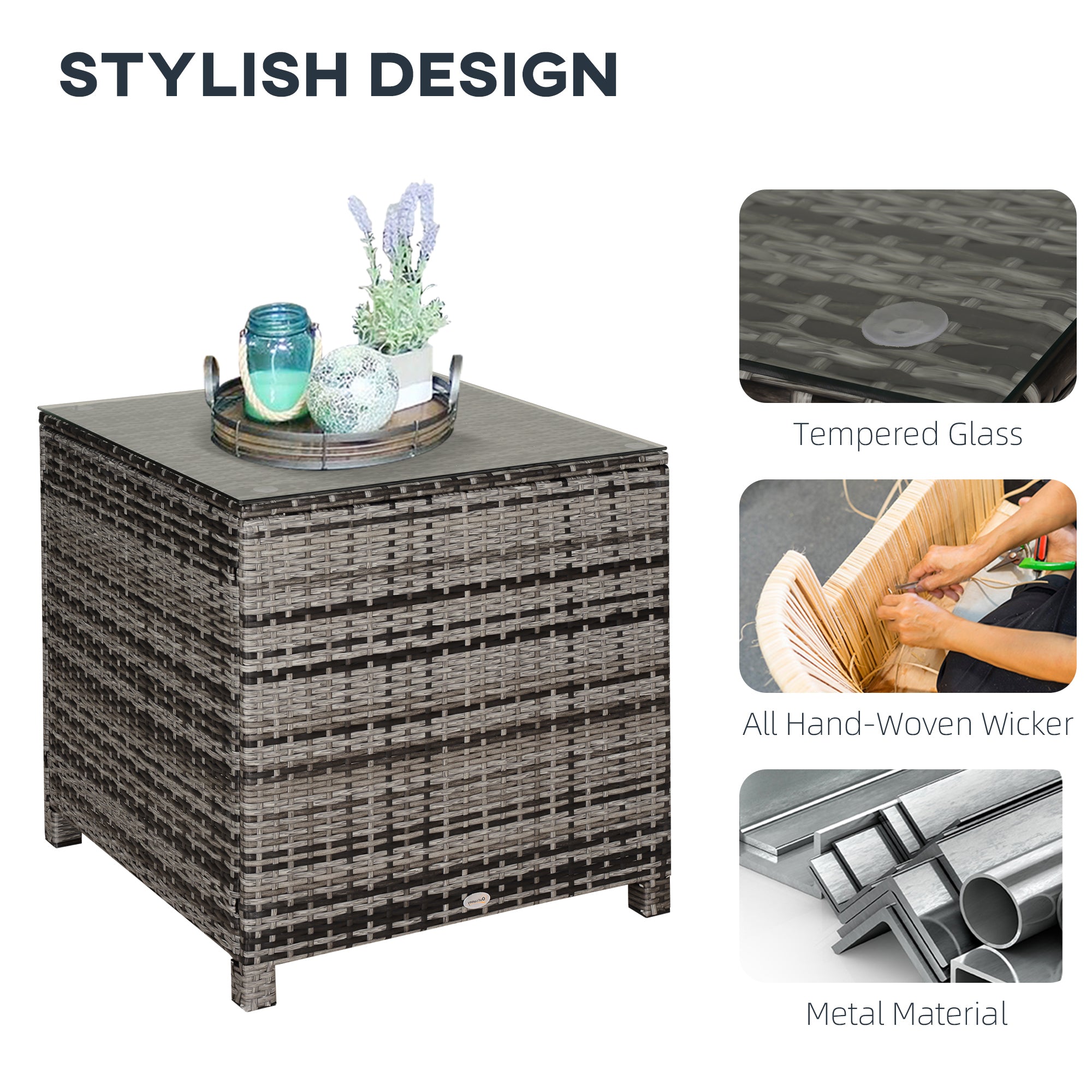 Outsunny Square PE Rattan Garden Table, with Glass Table Top - Grey 