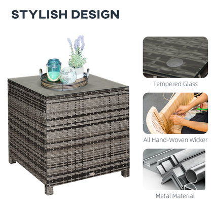 Outsunny Square PE Rattan Garden Table, with Glass Table Top - Grey 