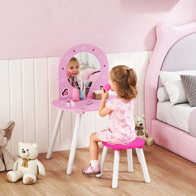 AIYAPLAY Kids Dressing Table with Mirror and Stool, Girls Vanity Set for Kids Room, Bedroom, Nursery, for Ages 3–6 Years, Pink 