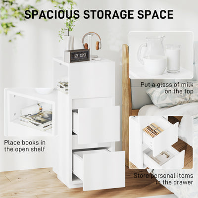 HOMCOM Slim Bedside Table, Narrow Bedside Cabinet with Open Shelf and 2 Drawers for Bedroom, Living Room, White 