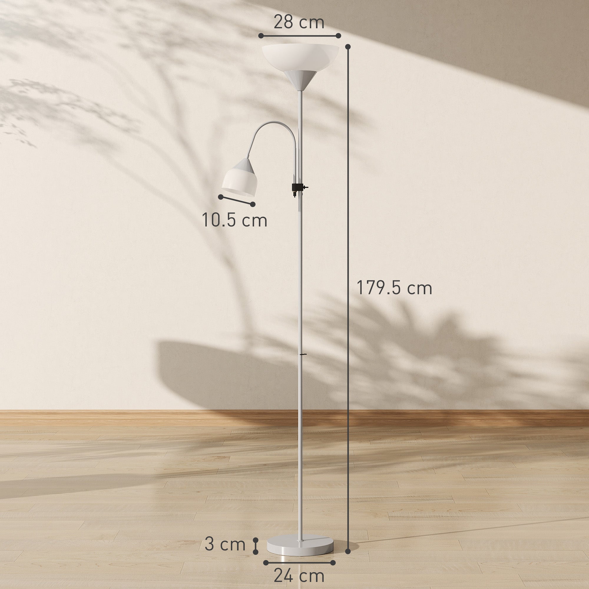 HOMCOM LED Floor Lamp for Living Room, 180cm Tall Standing Lamp, Mother and Child Uplighter with Adjustable Gooseneck, 3000K/4500K/6500K Colour Temperatures, Silver Tone