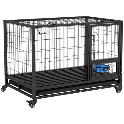 PawHut Heavy Duty Dog Crate on Wheels w/ Bowl Holder, Removable Tray, Openable Top, Detachable Door, for L, XL Dogs 