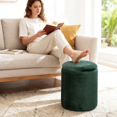 HOMCOM Storage Ottoman Modern Velvet Round Foot Stool for Living Room Bedroom 45 cm Dark Green 