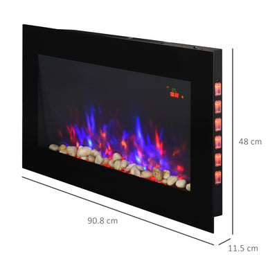 HOMCOM LED Wall Mounted Fireplace Curved Glass Electric Fire Place for Living Room, 1000W/2000W, 48H x 90.8W x 11.5Dcm, Black 