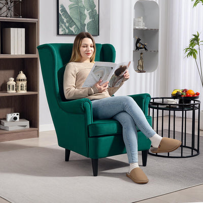 HOMCOM Modern Accent Chair, Upholstered Wingback Armchair with High Backrest and Pillow, Velvet-Feel Fabric Reading Chair with Solid Wood Legs for Living Room, Bedroom, Home Office, Dark Green 