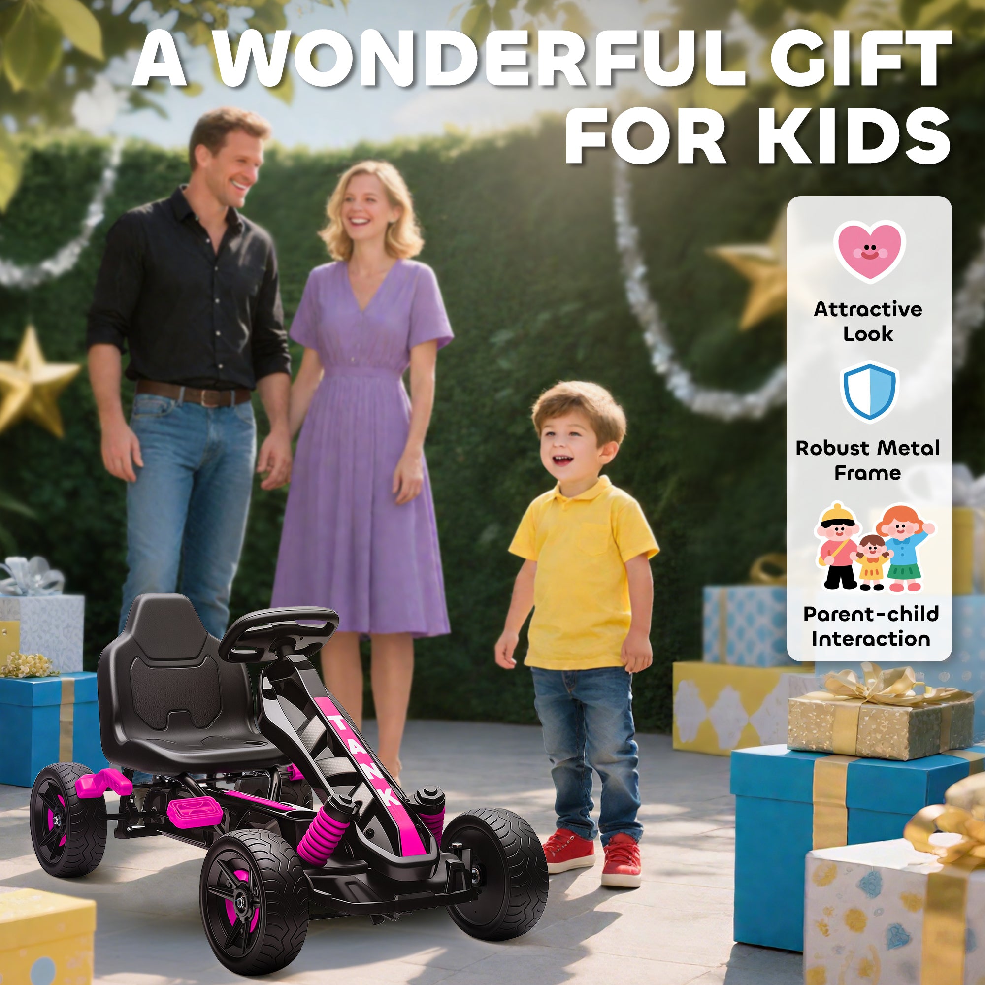 AIYAPLAY Pedal Go Kart for Kids Aged 3-6 Years, with Freewheel System, Brake, EVA Anti-Slip Wheels, Pink