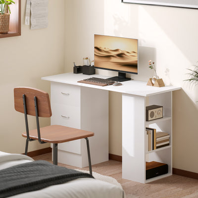 HOMCOM Computer Desk, Writing Table, PC Workstation with 3 Storage Shelves and Drawers, Silver Handle, for Home Office, White 