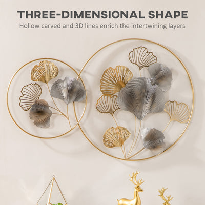 HOMCOM 3D Metal Wall Art Modern Ginkgo Leaves Hanging Wall Sculptures Home Decor for Living Room Bedroom Dining Room, Gold 
