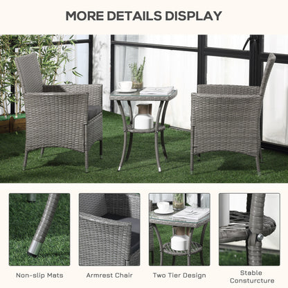Outsunny 3 Pieces Rattan Bistro Set, Wicker Garden Furniture Set with 2-Tier Coffee Table and Chairs, Washable Cushions, for Outdoor Patio Balcony, Grey 