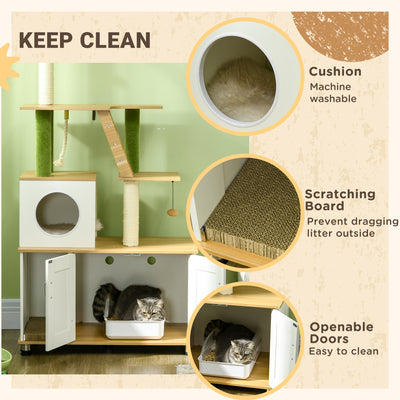 PawHut 2-in-1 Hidden Cat Litter Box, Green Leaf Cat Tree, with House, Ladder, Scratching Posts, Platforms, Indoors -Oak 