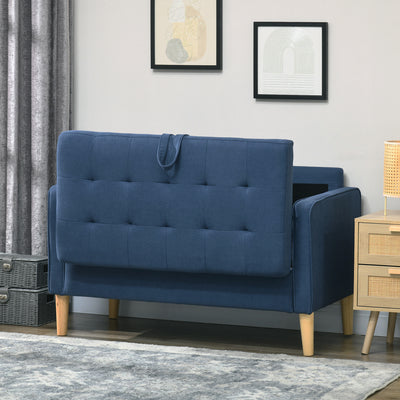 HOMCOM Modern Loveseat Sofa, Compact 2 Seater Sofa with Hidden Storage, 117cm Tufted Cotton Couch with Wood Legs, Blue 